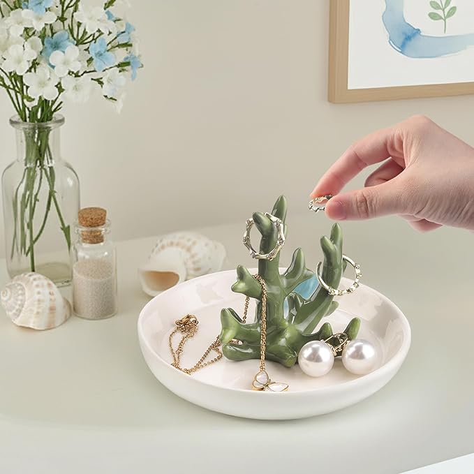 Potiera Coral Jewelry Tray, Handmade Ceramic Coastal Decor, Decorative Ring Holder Trinket Dish for Earrings Necklaces Keys, Birthday Christmas Valentines Gifts for Women Friends Sister Mother