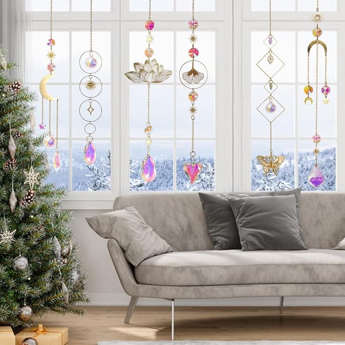 6pcs Crystal Suncatcher, Sun Catcher Hanging for Windows, Spiritual, Rainbow Maker, Crystal Indoor Garden Home Decor,Gemstone Prism（Set 1）