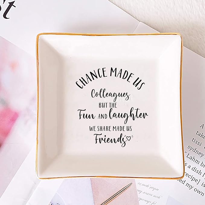 SUNBMO Ceramic Jewelry Trinket Dish for Colleagues - Chance Made Us Colleagues, Bff Friendship Keepsake for Women Coworkers, Leaving Goodbye Going Away Gifts for Coworkers