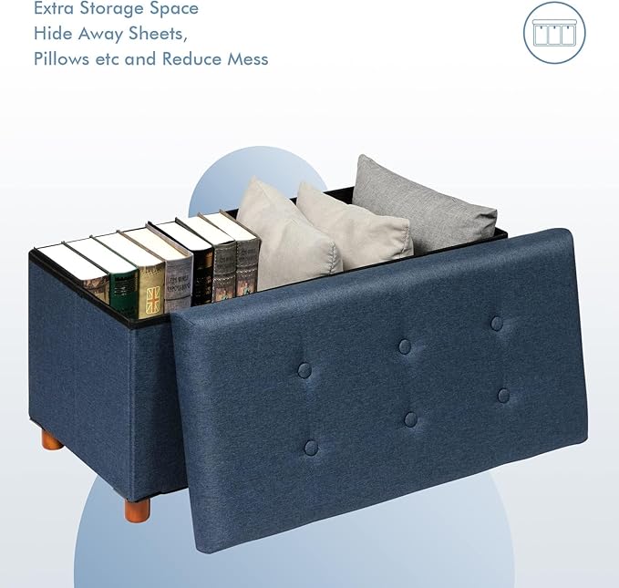 PINPLUS Linen Coffee Table Ottoman with Tray, Large Storage Bench with Wooden Legs, Chest Foot Stools, Ottomans for Living Room Bedroom, Blue, 30" x 15" x 15"