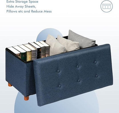 PINPLUS Linen Coffee Table Ottoman with Tray, Large Storage Bench with Wooden Legs, Chest Foot Stools, Ottomans for Living Room Bedroom, Blue, 30" x 15" x 15"