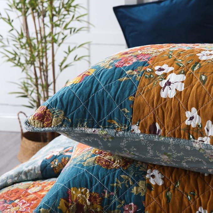 Cotton Bedspread Quilt Sets Reversible Bedding Coverlet Sets 3 Pieces Paisley Vintage Floral Yellow Blue Patchwork Bedspread, King Size