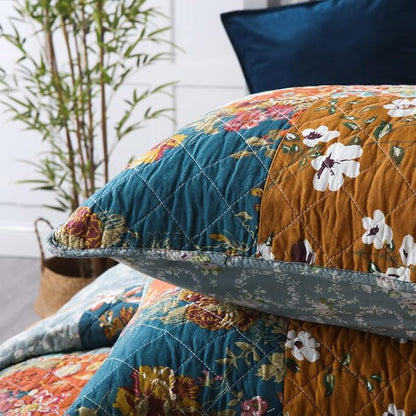 Cotton Bedspread Quilt Sets Reversible Bedding Coverlet Sets 3 Pieces Paisley Vintage Floral Yellow Blue Patchwork Bedspread, King Size