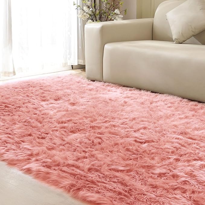 Pink Area Rugs 8x10 Shag Large Washable Rugs for Bedroom Plush Faux Sheepskin Shaggy Fur Rug for Living Room Soft Rectangle Rug