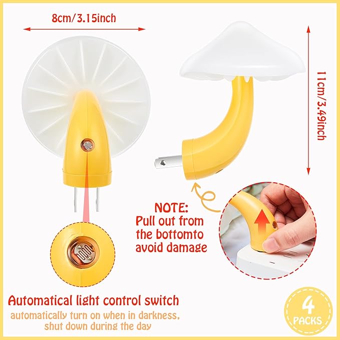 Honoson 4 Pieces Mushroom Night Light LED Night Light Plug in Lamp 7 Color Magic Mini Pretty Mushroom Shaped Lamp Adults(Yellow Light with White Cover)