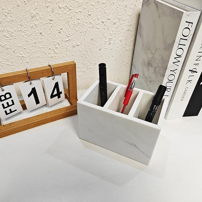 Marble Pen Holder, White Stone, Rectangular Desktop Organizer for Office Study (white 3 layer)