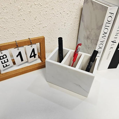 Marble Pen Holder, White Stone, Rectangular Desktop Organizer for Office Study (white 3 layer)