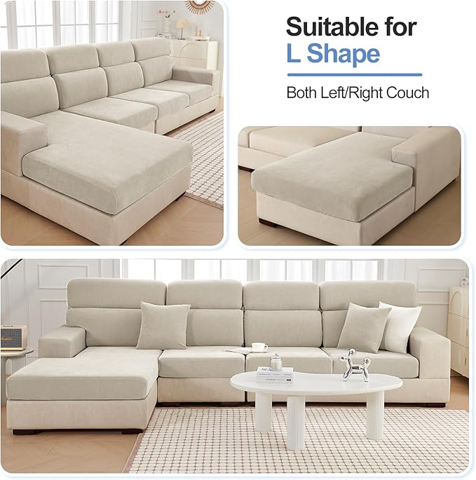 Large Chaise Cushion Cover, Non-Fuzzy Chenille Couch Covers with Clean Look for Sectional or L Shaped Sofa Chaise, Fits Left or Right Side, Durable Lounge Seat Protector (1 Piece, Light Grey)