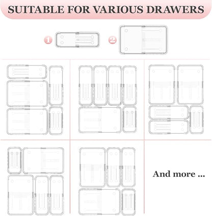 DILIBRA 12 Pcs Clear Extendable Drawer Organizer, Adjustable Drawer Storage 2-Size Desk Drawer Organizer, Plastic Non-Slip Storage Bins for Makeup, Cosmetic, Jewelries, Utensils, Stationery, Dressers
