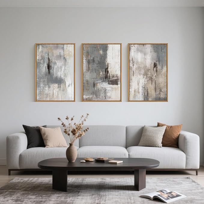 Large Abstract Grey and Beige Framed Canvas Wall Art,Neutral Brush Stroke Wall Decor,Natural Modern Color Block Artwork,Minimalist Nordic Art Print for Living Room,Bedroom,Office- 16"x24"x3