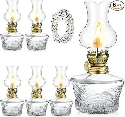 Yexiya 6 Set Vintage Glass Kerosene Lamp Rustic Oil Lamp Lantern Chamber Oil Clear Kerosene Hurricane with 6.6 ft Extra Wick for Indoor Use Lighting Decor Emergency (Ripple Style)