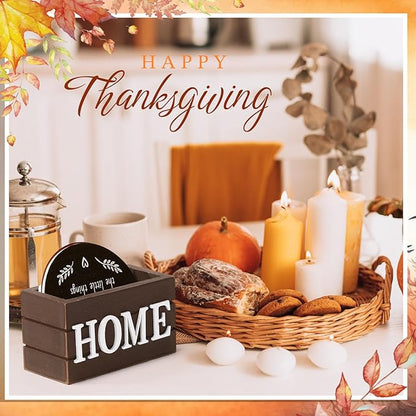 Queekay Coasters Set of 6 House Warming Gifts New Home Wooden Farmhouse Drink Coasters with Holder 4'' Funny Decoration for Kitchen Family Coffee Bar Tabletop Protection(Fall Color)