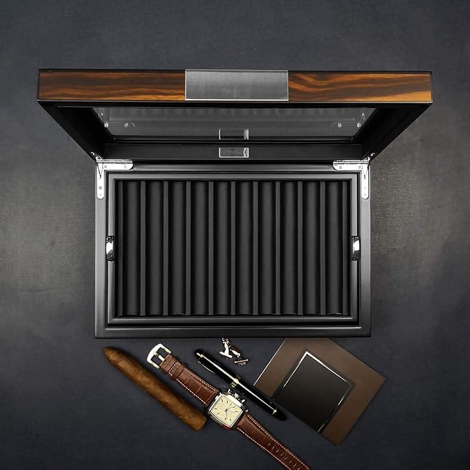 Pen Display Box Ebony Wood Display Case with Glass Window and Tray - Holds Up to 20 Pens