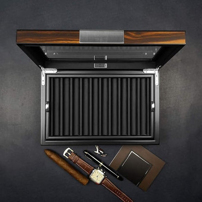 Pen Display Box Ebony Wood Display Case with Glass Window and Tray - Holds Up to 20 Pens