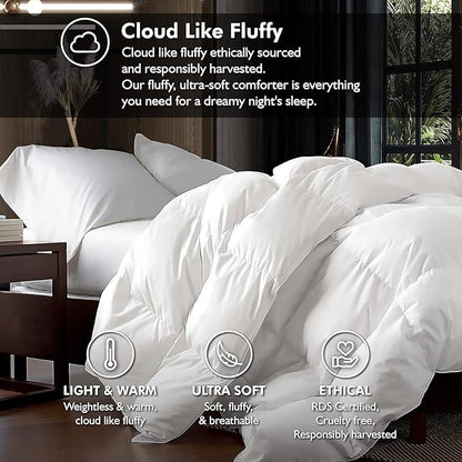 Luxurious Oversized Super King 120" x 120" Size Goose Down Fiber Waterfowl Feather Fiber Comforter Duvet, 100% Egyptian Cotton Cover, 90 oz. Fill Weight, Baffle Box Design, White Solid