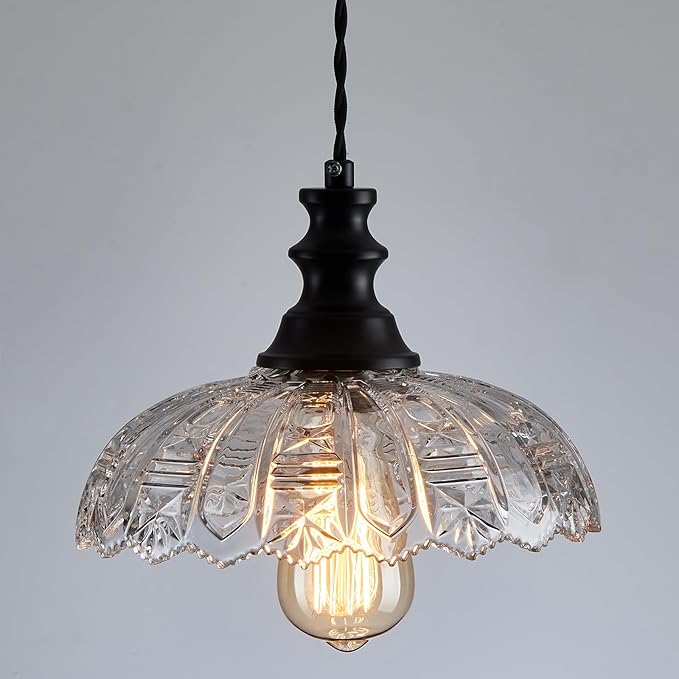 1-Light Pendant Light with Black Metal Glass Shade and Adjustable Cord Industrial Ceiling Hanging Light for Kitchen Island Bar Dining Room Bedroom Foyer Hallway Farmhouse