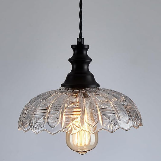 1-Light Pendant Light with Black Metal Glass Shade and Adjustable Cord Industrial Ceiling Hanging Light for Kitchen Island Bar Dining Room Bedroom Foyer Hallway Farmhouse