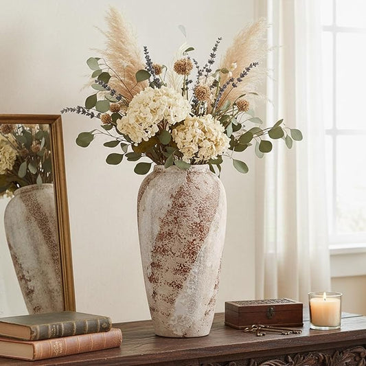 Vintage Ceramic Vase, Minimalist Texture Stone Patterned White Flower Vase, Decorative Vase for Living Room Shelf Farmhouse Dining Table Centerpiece Decor (Rustic 13.7'')