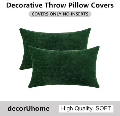 decorUhome Chenille Christmas Green Throw Pillow Covers 12x20 Inch Set of 2, Decorative Soft Couch Pillow Covers Solid Dyed Accent Farmhouse Neutral Rectangle Pillow Cases for Sofa