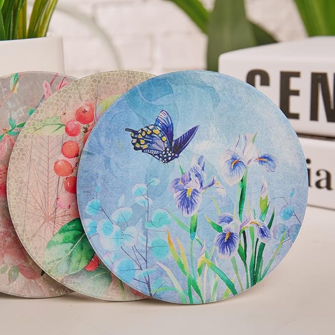 Coasters for Drinks, Set of 10 Absorbent Ceramic Stone Coasters, Natures, with Cork Back 5 Designs