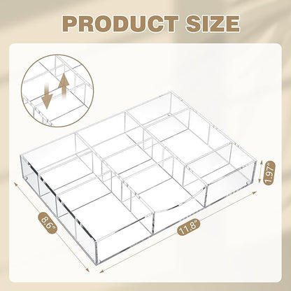 Acrylic Drawer Organizer Clear Desk Drawer Organizer Trays with Adjustable Compartments Desk Accessories for Office Stationery Makeup Silverware Bathroom (Non Expandable)