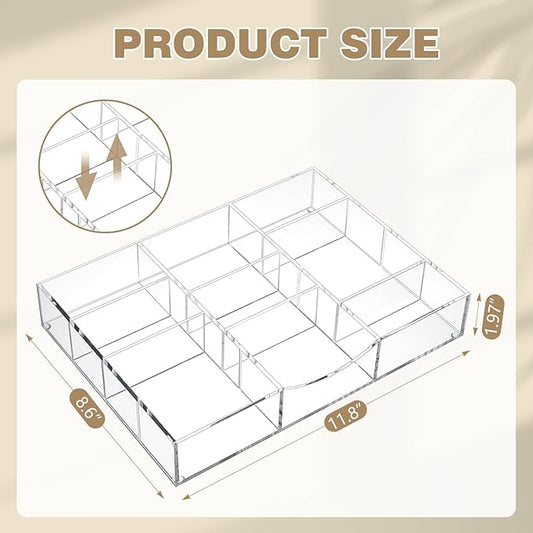Acrylic Drawer Organizer Clear Desk Drawer Organizer Trays with Adjustable Compartments Desk Accessories for Office Stationery Makeup Silverware Bathroom (Non Expandable)