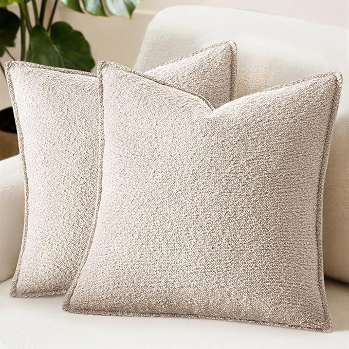 MIULEE Pack of 2 Decorative Textured Boucle Throw Pillow Covers 18x18 Inch Natural Beige Broadside Thick Boho Pillows for Farmhouse Accents Sofa Couch Bedroom Living Room Home Decor