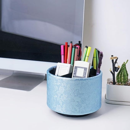 lizimandu Round Leather Art Supply Organizer,Remote Control Holder,360 Degree Spinning,Multi-Functional Pencil Holder,4 Compartments Desktop Stationary Organizer(1-Liuli Blue)