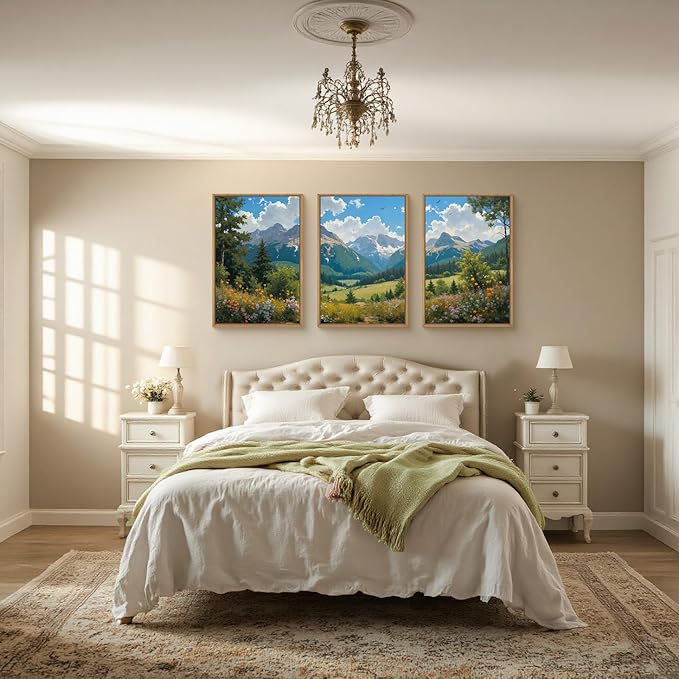 HLNIUC Green Forest Mountain Landscape 3 Piece Wall Art Framed, Colorful Wildflower Nature Wall Decor(24x36), Blue Sky White Cloud Canvas Painting, Woodland Tree Print for Living Room, Bedroom, Office