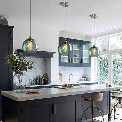 Gray Green Glass Pendant Lights Kitchen Island Lighting Globe Pendant Light Fixtures Modern Pendant Lighting for Kitchen Island Bedroom Living Dining Room Light Fixture(7.87in, 3-Pack)