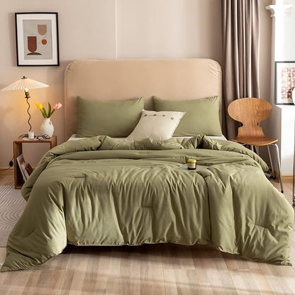 ROSGONIA Oversized King Comforter 128x120, 3pcs Super King Plus (1 Olive Green Comforter & 2 Pillowcases) Lightweight Oversized King Bedding Set Quilt