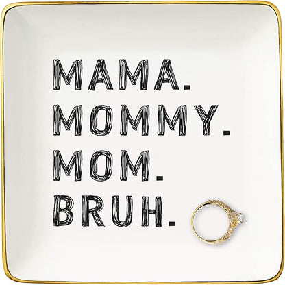 NZY Mother's Day,Birthday,Thanksgiving,New Year,Christmas Gifts for Mother,Funny Mom Gift from Daughter Son,Best Friend Mother-Ceramic Jewelry Tray Trinket Holder Ring Dish-Mama Mommy Mom Bruh