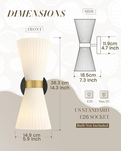 Wall Sconces Set of Two, HWH 14.3 Inch Black and Gold Bathroom Sconces with Frosted Milk White Striped Glass, Up Down Modern Wall Light fixtures for Living Room Bedroom, 5HZG97B-2W-2PK BK+BG