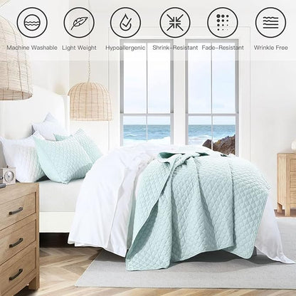 HORIMOTE HOME Quilt Queen Size Aqua Blue, Lightweight Quilt for Summer Ultra-Soft Microfiber Modern Style Quilted Clouds Pattern Bedspread Quit Set 3 Pieces