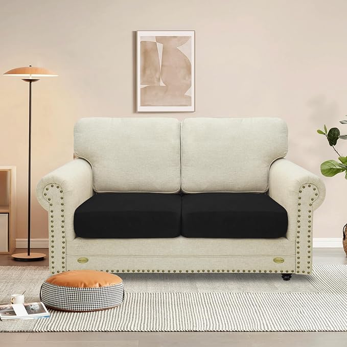 MAXIJIN Velvet Stretch Seat Cushion Covers Couch Cushion Cover for Individual Cushions Sofa Seat Cushion Slipcovers with Elastic Bottom (2 Piece Sofa Cushion Covers, Black)