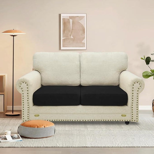 MAXIJIN Velvet Stretch Seat Cushion Covers Couch Cushion Cover for Individual Cushions Sofa Seat Cushion Slipcovers with Elastic Bottom (2 Piece Sofa Cushion Covers, Black)