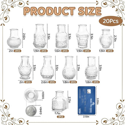 20 Pcs Glass Bud Vases Set, Mini Vintage Bulk Clear Vases for Centerpieces Decor, Cute Tiny Glass Flower Vases for Wedding Party Home Table Decoration