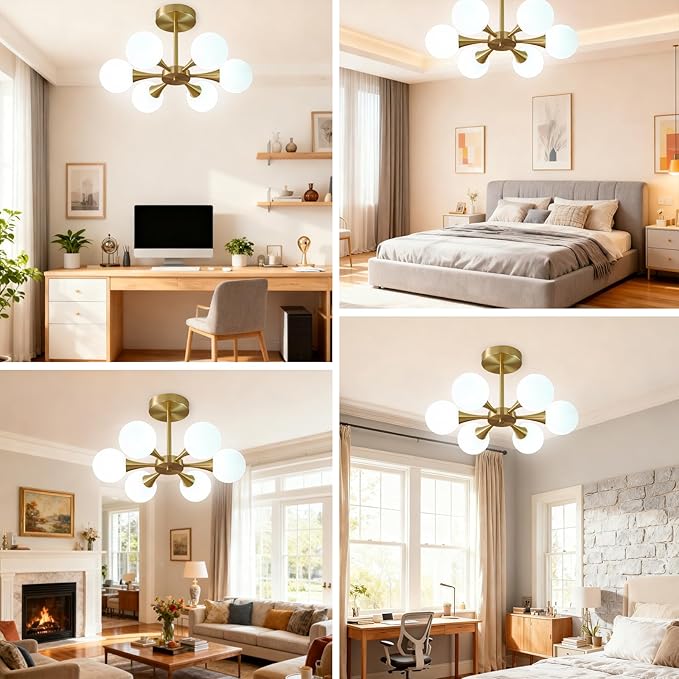 Radiya Modern Brushed Brass Gold Ceiling Light with White Spherical Milk Glass Lampshade, Semi Embedded Ceiling Light Fixture for Living Room Bedroom Dining Room LobbyFoyer Hallway (6 Lights)