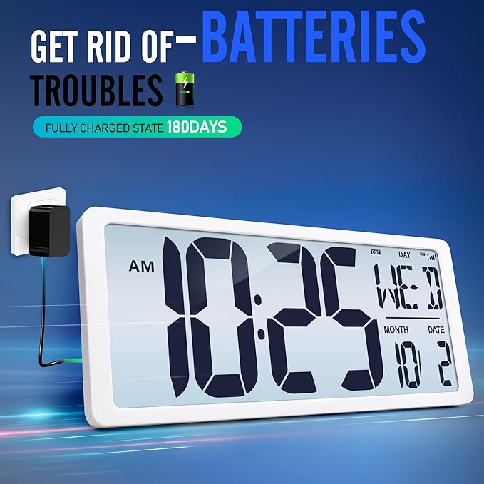 4.6" Numbers Display Built-in Rechargeable Power 15" Atomic White Wall Clock -Night Display-Never Needs Setting!-Easy to Read Numbers-Never Need Replace Battery