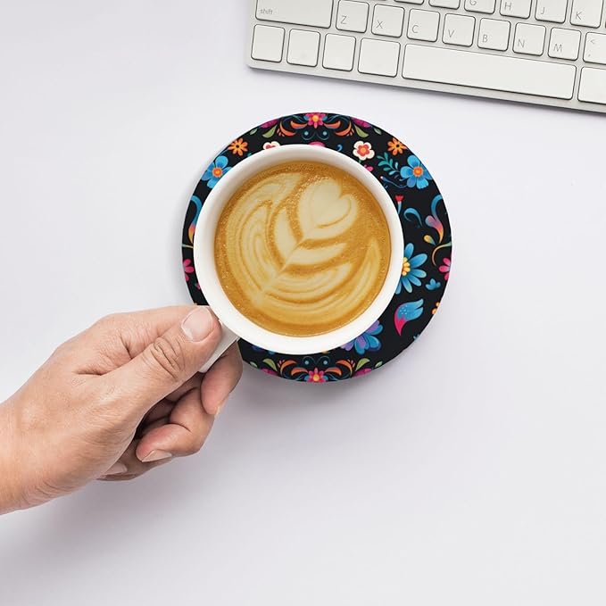 6 Pcs Ceramic Coasters with Holder Absorbent Drink Round Mexican Sugar Skulls Flowers Design for Home Table Coffee Cup Wine Beer Bar,Size 4.4 inches