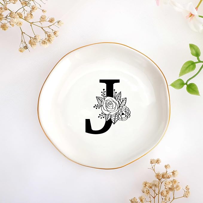 JoycuFF Initial J Ceramic Jewelry Tray, Bridesmaid Bride Gifts, Best Friend Mom Grandma Sister Engagement Birthday Gifts for Women, Trinket Dish for Rings Earrings Necklaces Bracelets Keys