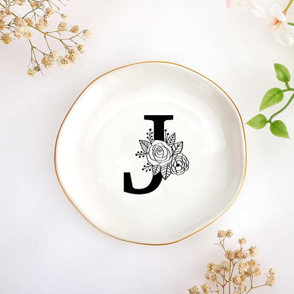 JoycuFF Initial J Ceramic Jewelry Tray, Bridesmaid Bride Gifts, Best Friend Mom Grandma Sister Engagement Birthday Gifts for Women, Trinket Dish for Rings Earrings Necklaces Bracelets Keys