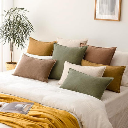 Foindtower Pack of 2, Decorative Linen Soild Throw Pillow Covers Soft Accent Cushion Case Boho Farmhouse Pillowcase for Chair Couch Sofa Bedroom Living Room Home Decor 18 x 18 Inch Light Khaki Brown