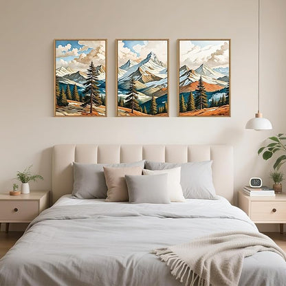 Large Woodcut Style Mountains Framed Canvas Wall Art,Vintage Pine Trees Wall Decor,Boho Natural Snow Ridge Artwork,Modern Woodland Landscape Art Print for Living Room,Bedroom,Office- 24"x36"x3