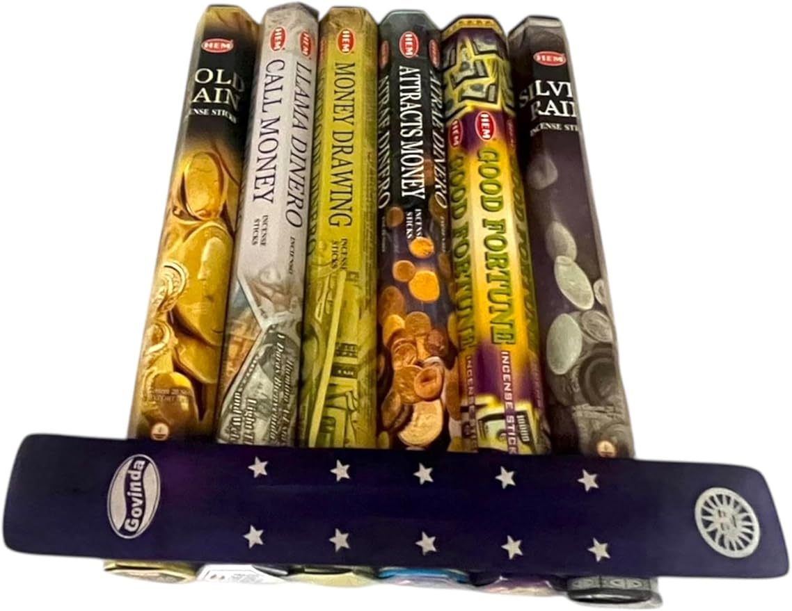 Hem Incense Sticks Variety Pack #-120 Insence-Sticks (6 Incents x 20 Insense) + Incense Stick Holder Bundle with 6 Themed Fragrances (Money)