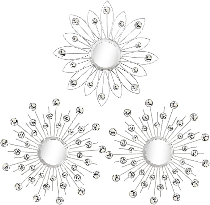 Uaussi 3 Pack Crystal Sunburst Wall Mirror Décor Rhinestone Mirrors Decorative Home Wall Art for Living Room Bedroom Entryway(Flower+Sunburst Silver)