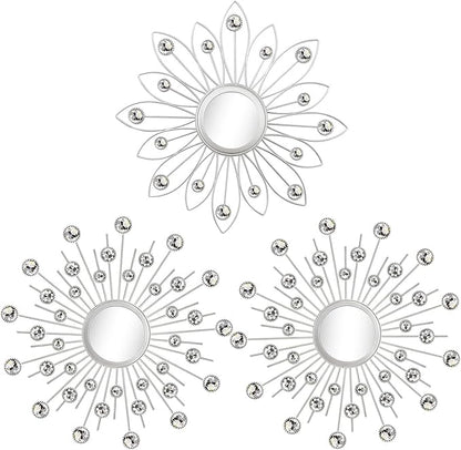 Uaussi 3 Pack Crystal Sunburst Wall Mirror Décor Rhinestone Mirrors Decorative Home Wall Art for Living Room Bedroom Entryway(Flower+Sunburst Silver)