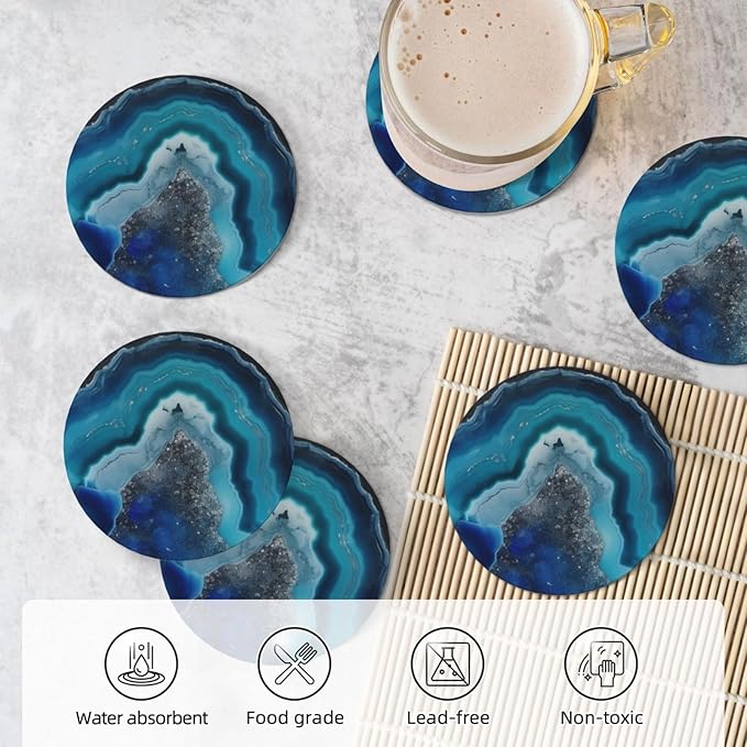 6 Pcs Ceramic Coasters with Holder Absorbent Drink Round Silver and Blue Agate Geode Print Design for Home Table Coffee Cup Wine Beer Bar,Size 4.4 inches