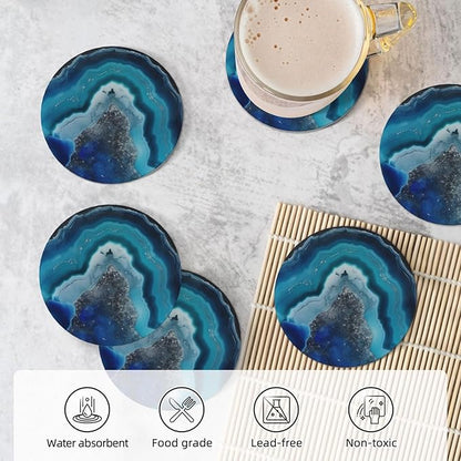 6 Pcs Ceramic Coasters with Holder Absorbent Drink Round Silver and Blue Agate Geode Print Design for Home Table Coffee Cup Wine Beer Bar,Size 4.4 inches