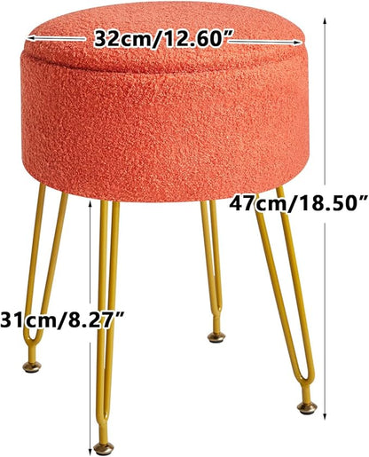IBUYKE Teddy Velvet Storage Footrest Stool Ottoman, Makeup Vanity Stool Side Table with Removable Cover, Golden Steel Legs, Coffee Table Top Cover, Orange WBD010J
